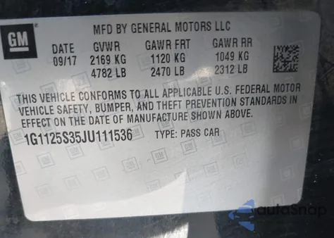 2018 Chevrolet Impala 2Lz z USA, uszkodzony, nr VIN 1G1125S35JU111536